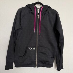 Volcom Hoodie Women’s/Unisex Large Full Zip Black Pink Drawstring Y2K Jacket VTG